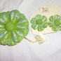Green and white  Hand crafted papier mache brooch and clip earrings Made in Japan. Vintage.  (# 6)