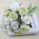 KIMIZA - 12 Head Silk Rose Flowers White & Green, Floral Bridal Wedding Bouquet Home Party Decor