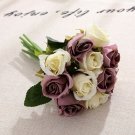 KIMIZA - 12 Head Silk Rose Flowers Ivory and Purple, Floral Bridal Wedding Bouquet Home Party Decor