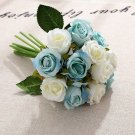 KIMIZA - 12 Head Silk Rose Flowers White and Blue, Floral Bridal Wedding Bouquet Home Party Decor
