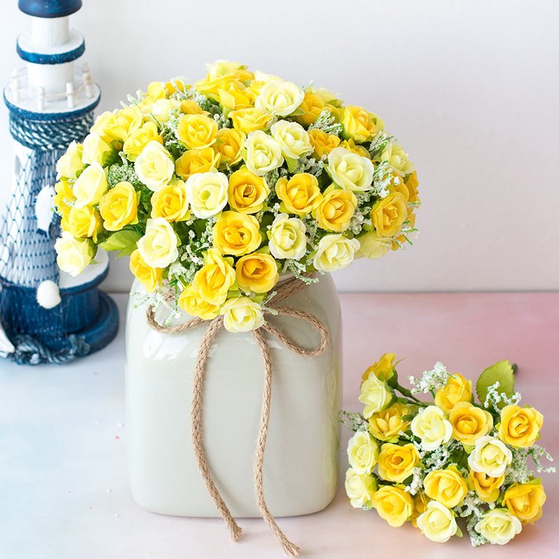 KIMIZA - 12 Head Yellow Silk Rose Flowers Floral Bridal Wedding Bouquet Home Party Decor