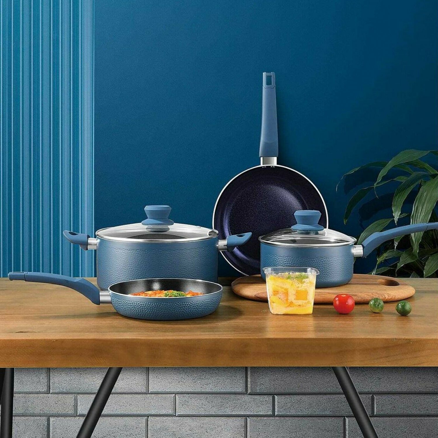 5pc URBN-CHEF Diamond Ceramic Teal Induction Cooking Saucepan Frying Pan Pot Set