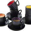 Bruntmor Ceramic Coffee Cups & Saucers Set of 6 Ribbed Design Mugs 4 Oz Black