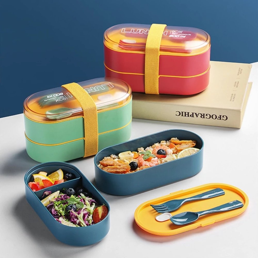 Double Layer Microwavable Bento Boxes With Fork + Spoon + Options