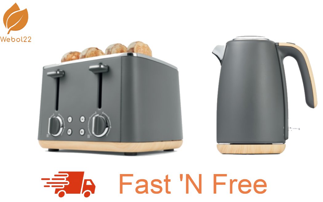 New Grey 4 Slice Toaster and 1.7L Kettle Combo Set Kitchen Free Shipping