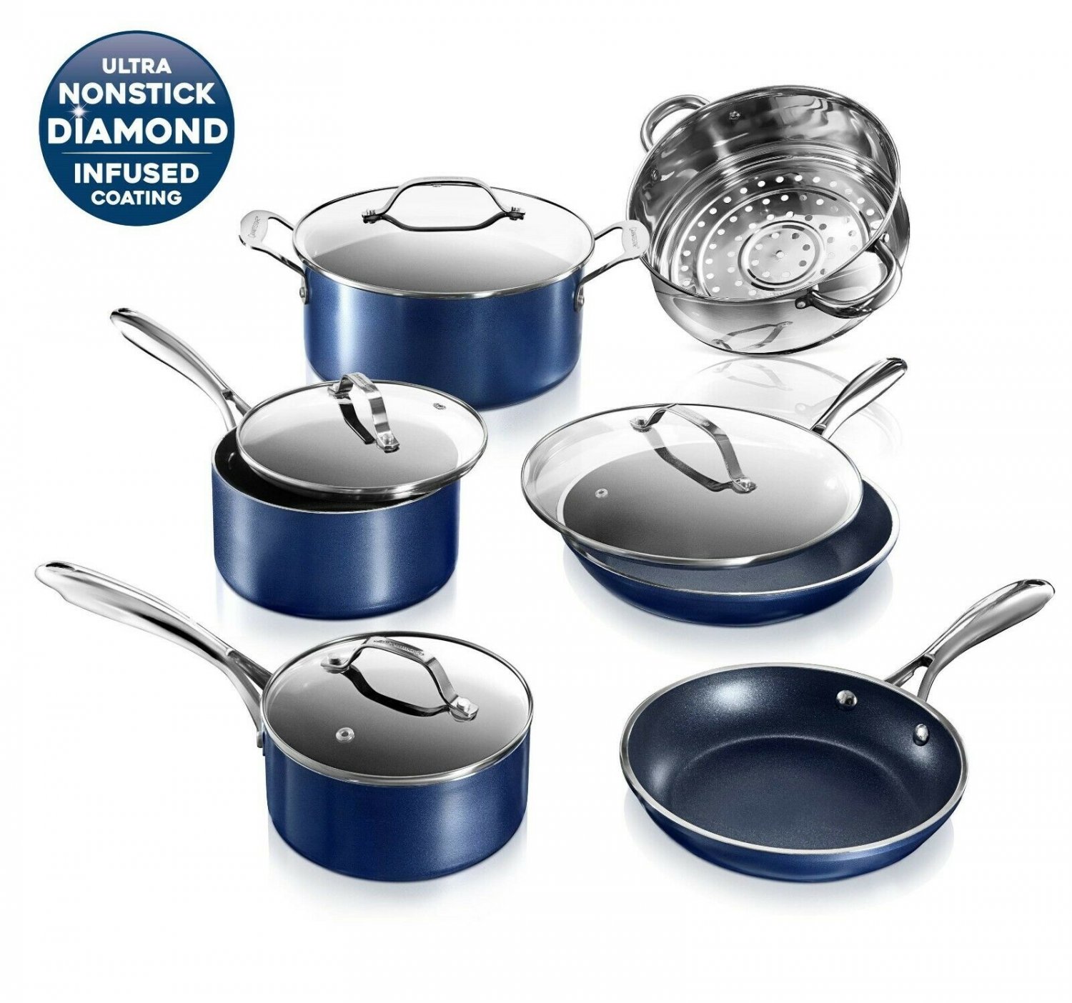 Cookware Pots Pans Ultra Nonstick Coating Granite Stone Cooking Set Blue NEW