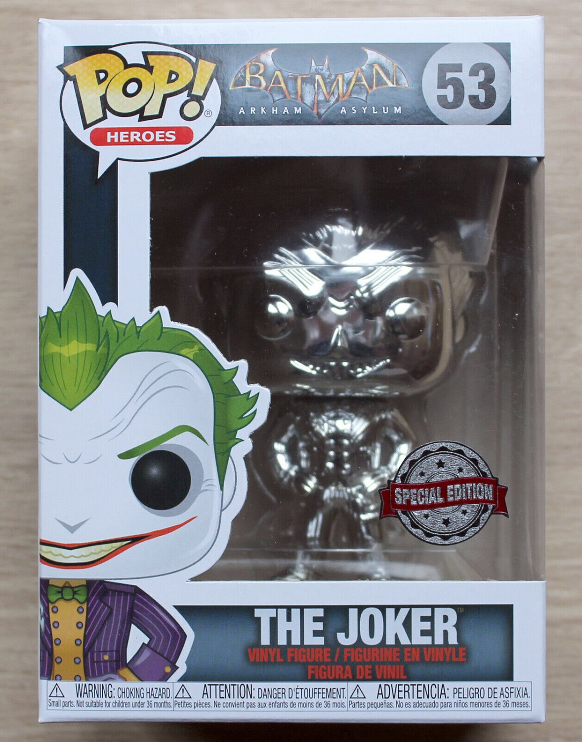 Funko Pop DC Heroes Batman Arkham Asylum Joker Silver Chrome + Free Protector