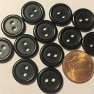 12 Rimmed Shiny Black Plastic Sew-through Buttons 9/16" 14.7mm 10337