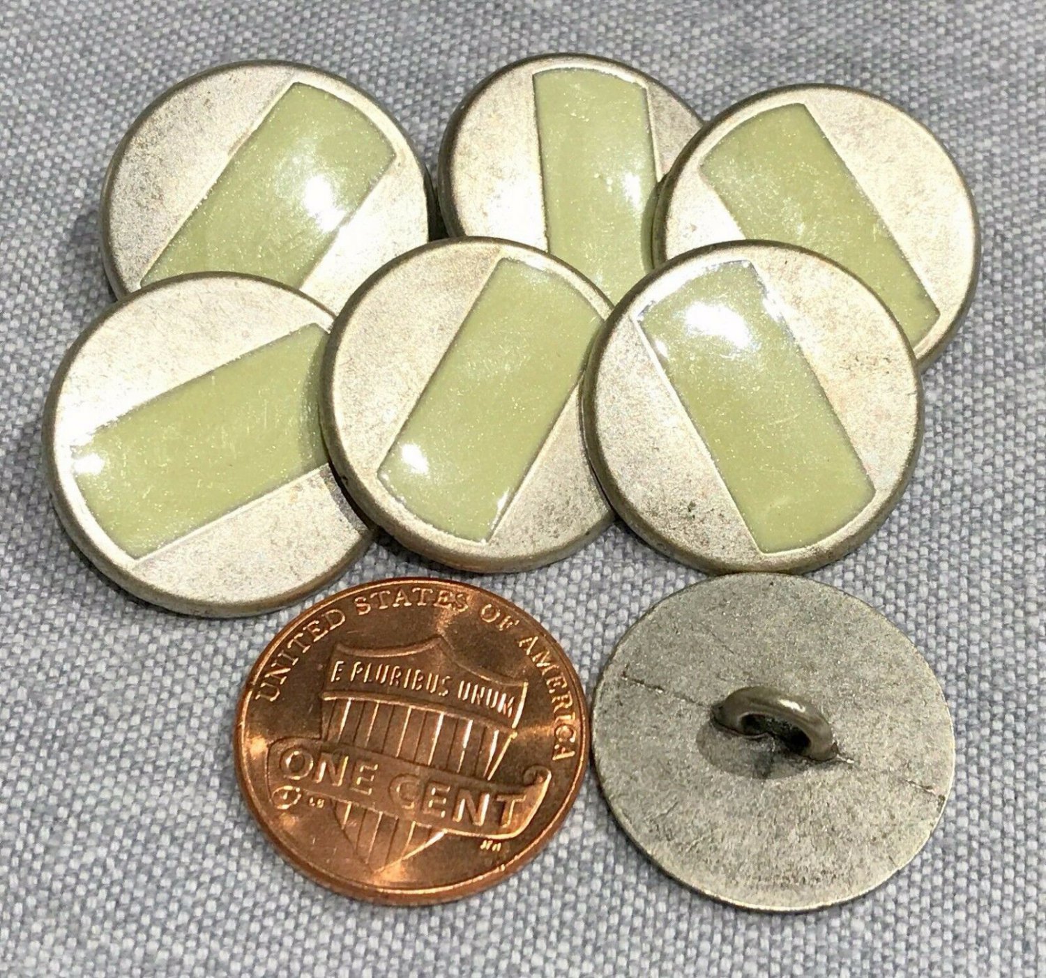 7 Matte Silver Tone Metal Buttons Pale Green Enamel Almost 13/16" 20mm # 8149