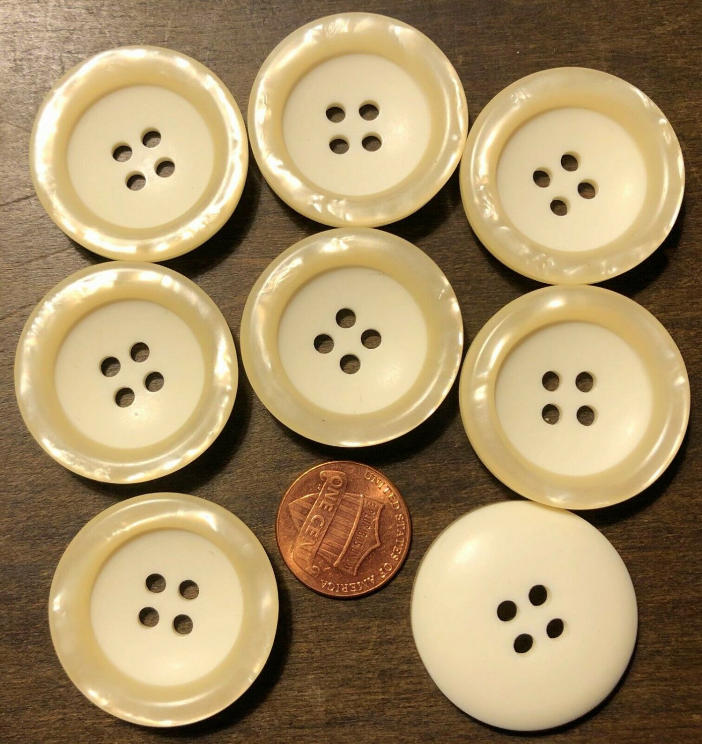 8 Large Rimmed Concave Cream Plastic Buttons Pearlized Rim 1 3/16" 31mm 6106