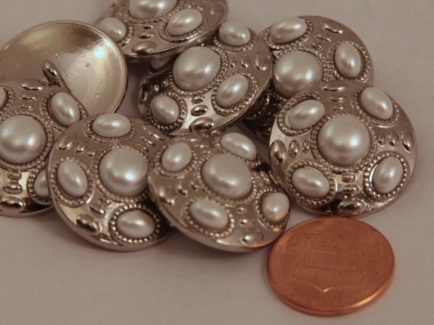 8 Shiny Silver Tone Domed Metal Buttons Faux Pearl Cabochons 7/8" 23MM # 6027