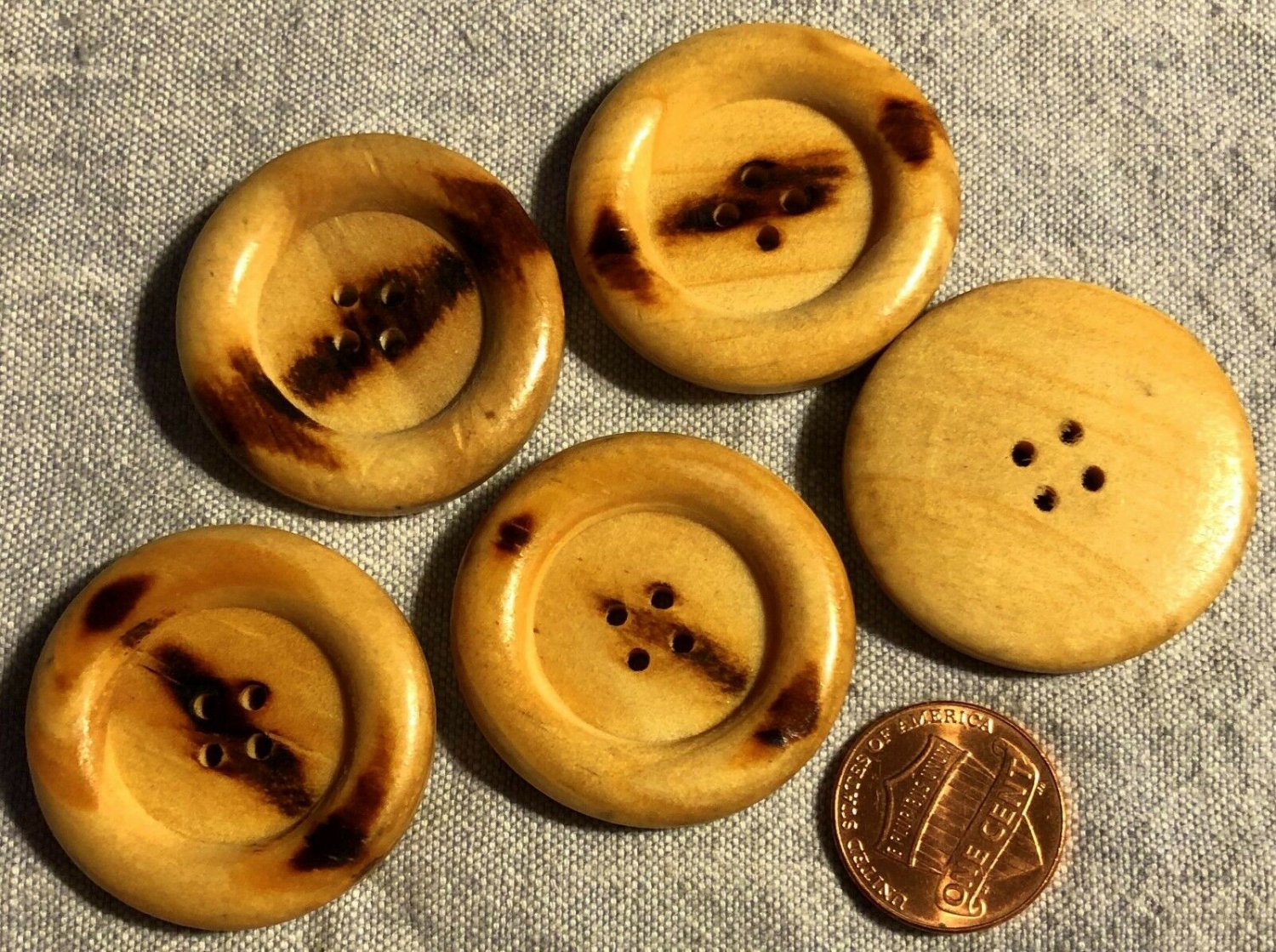 5 Large Pyrographed Wood Wooden 4-hole Sew-through Buttons 1 5/16" 33.5mm 8992