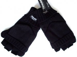 THINSULATE MEN WOMEN BLACK FINGERLESS KNIT MITTEN POCKET HALF FINGER GLOVES