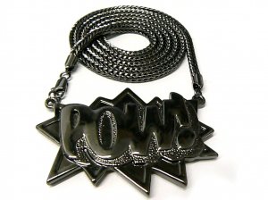 Black POW Pendant Charm Necklace Figaro Chain