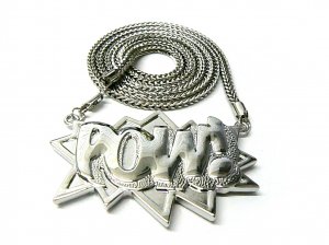 Silver POW Pendant Charm Necklace Large Figaro Chain