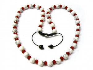 30" Red White Marble Beads Shamballa Necklace MC165