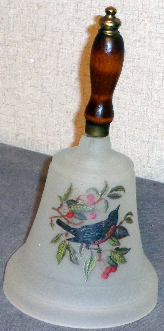 Large Brass Wood and Frosted Glass Bell