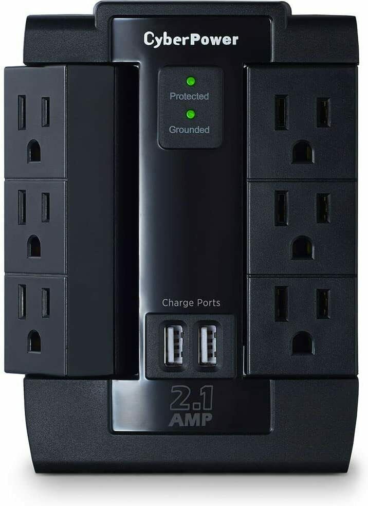 6 Outlet Pivot Surge Protector Wall Tap with 2 USB (2.1A) Charging Points - Blac
