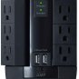 6 Outlet Pivot Surge Protector Wall Tap with 2 USB (2.1A) Charging Points - Blac
