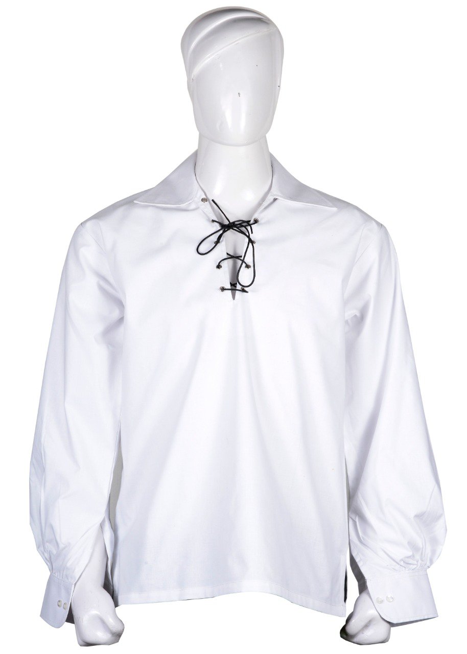 2XL Size White Cotton Traditional Scottish Style Jacobean Jacobite Ghillie Kilt Shirt