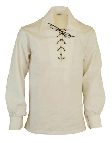 2XL Size Cream Color Cotton Traditional Scottish Style Jacobean Jacobite Ghillie Kilt Shirt