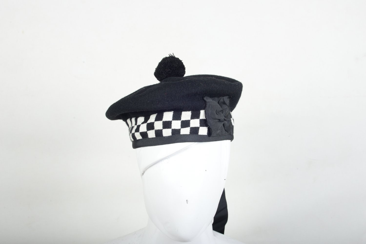 Scottish Black AND White DICED Band Black Wool BALMORAL HAT Military Highlander Kilt Cap Size 54