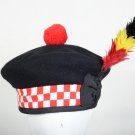 Scottish RED AND White DICED Band Black Wool BALMORAL HAT Military Highlander Kilt Cap Size 64