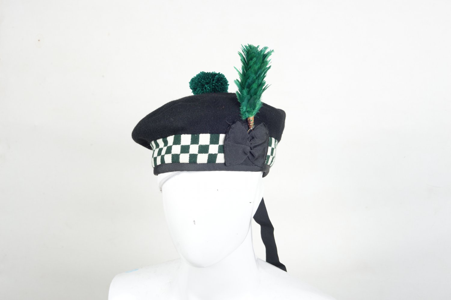 Scottish GREEN AND White DICED Band Black Wool BALMORAL HAT Military Highlander Kilt Cap Size 62