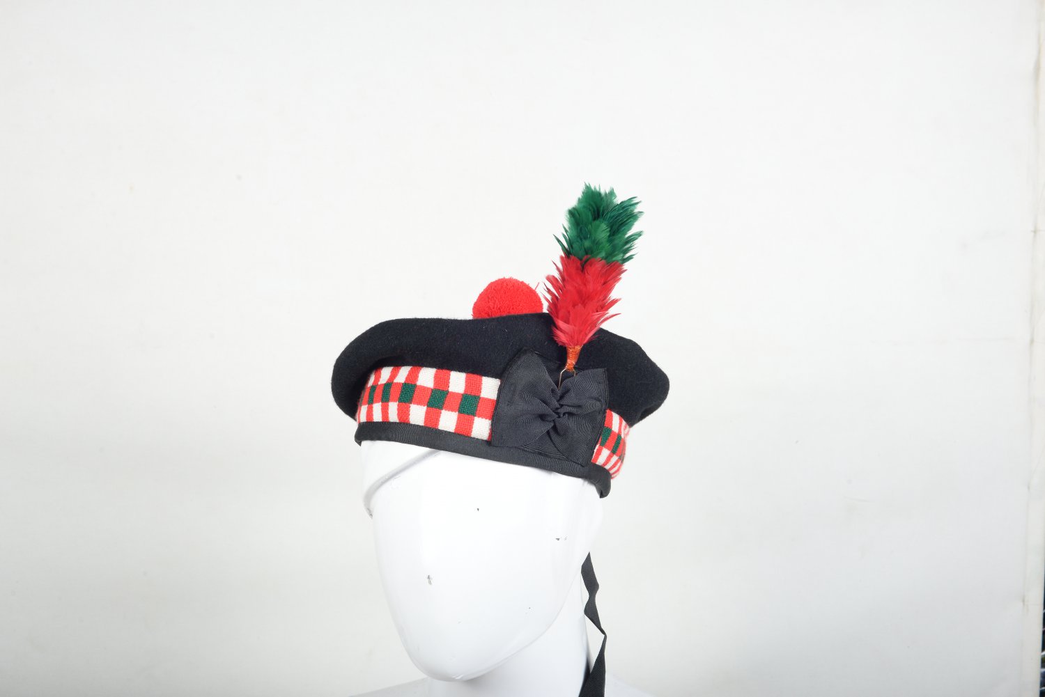 Scottish RED GREEN AND White DICED Band Black Wool BALMORAL HAT Military Highlander Kilt Cap Size 62