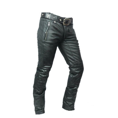 Men's Real Cowhide Leather Bikers Pants Leather Quilted Panels Bikers Pants Size 28