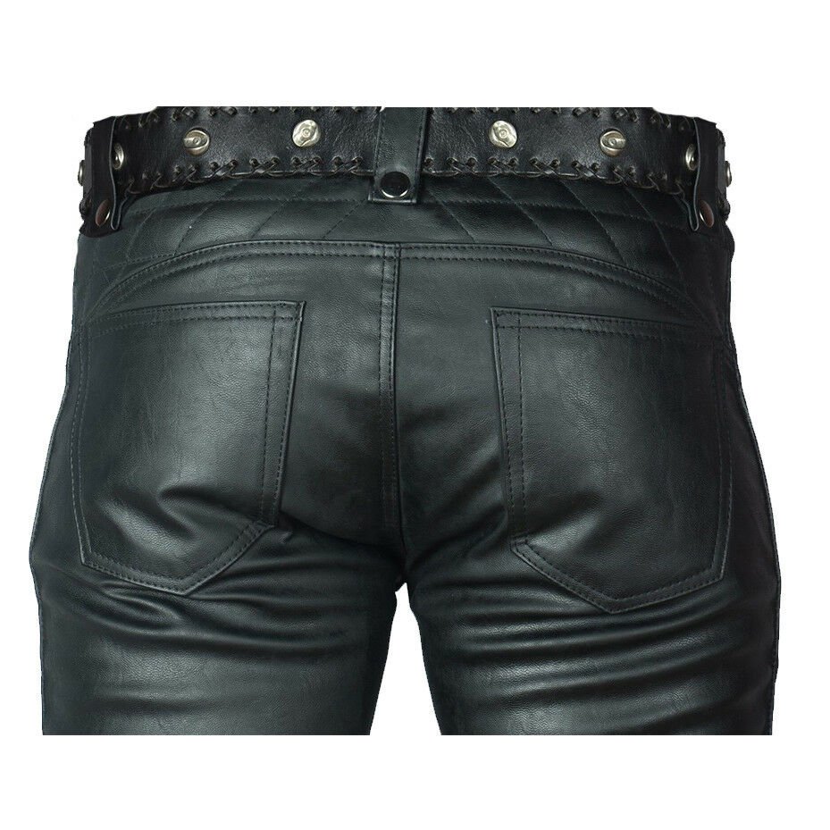 Men's Real Cowhide Leather Bikers Pants Leather Quilted Panels Bikers ...