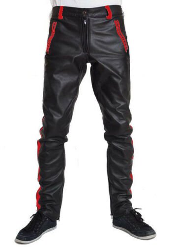 Men's REAL COWHIDE LEATHER PANTS COLOR Black And Red STRIPES BIKERS PANTS Size 38
