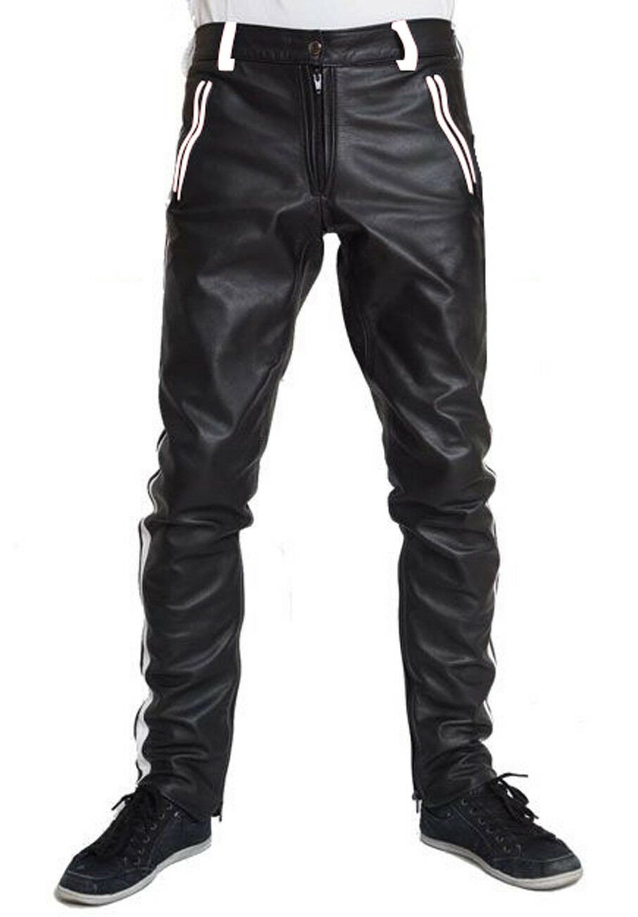 Men's REAL COWHIDE LEATHER PANTS COLOR Black And White STRIPES BIKERS PANTS Size 28