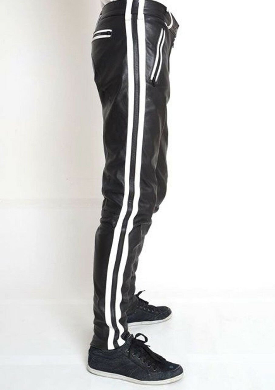 Men's REAL COWHIDE LEATHER PANTS COLOR Black And White STRIPES BIKERS ...