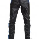 Men's REAL COWHIDE LEATHER PANTS COLOR Black And Blue STRIPES BIKERS PANTS Size 32