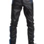 Men's REAL COWHIDE LEATHER PANTS COLOR Black And Blue STRIPES BIKERS PANTS Size 42