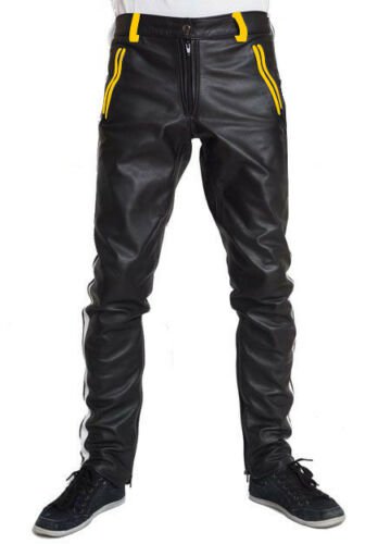 Men's REAL COWHIDE LEATHER PANTS COLOR Black And Yellow STRIPES BIKERS PANTS Size 36