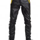 Men's REAL COWHIDE LEATHER PANTS COLOR Black And Yellow STRIPES BIKERS PANTS Size 42