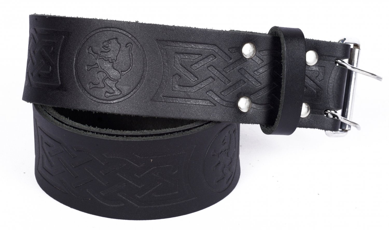 Leather Black KILT BELT Rampant Loin Design Celtic Embossed Belt Double Prong Belt Size 50