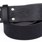 Leather Black KILT BELT Medieval Knot Design Celtic Embossed Belt Double Prong Belt Size 38