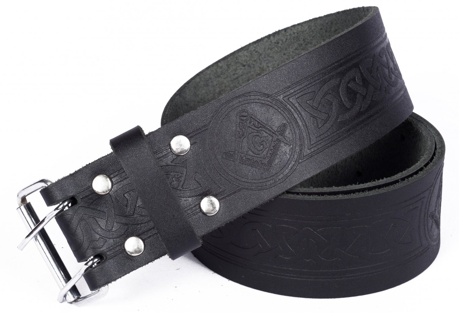 Leather Black KILT BELT Masonic Design Celtic Embossed Belt Double