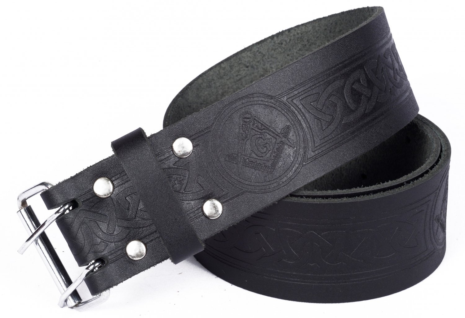 Leather Black KILT BELT Masonic Design Celtic Embossed Belt Double