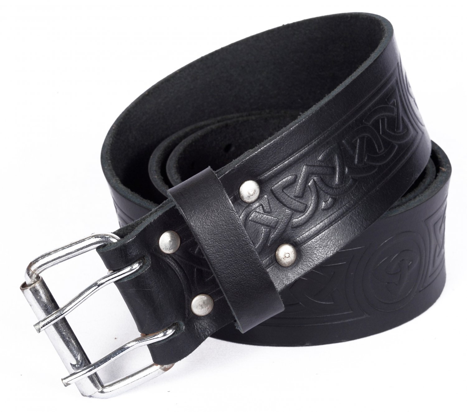 Leather Black KILT BELT Embossing Design Celtic Embossed Belt Double Prong Belt Size 32