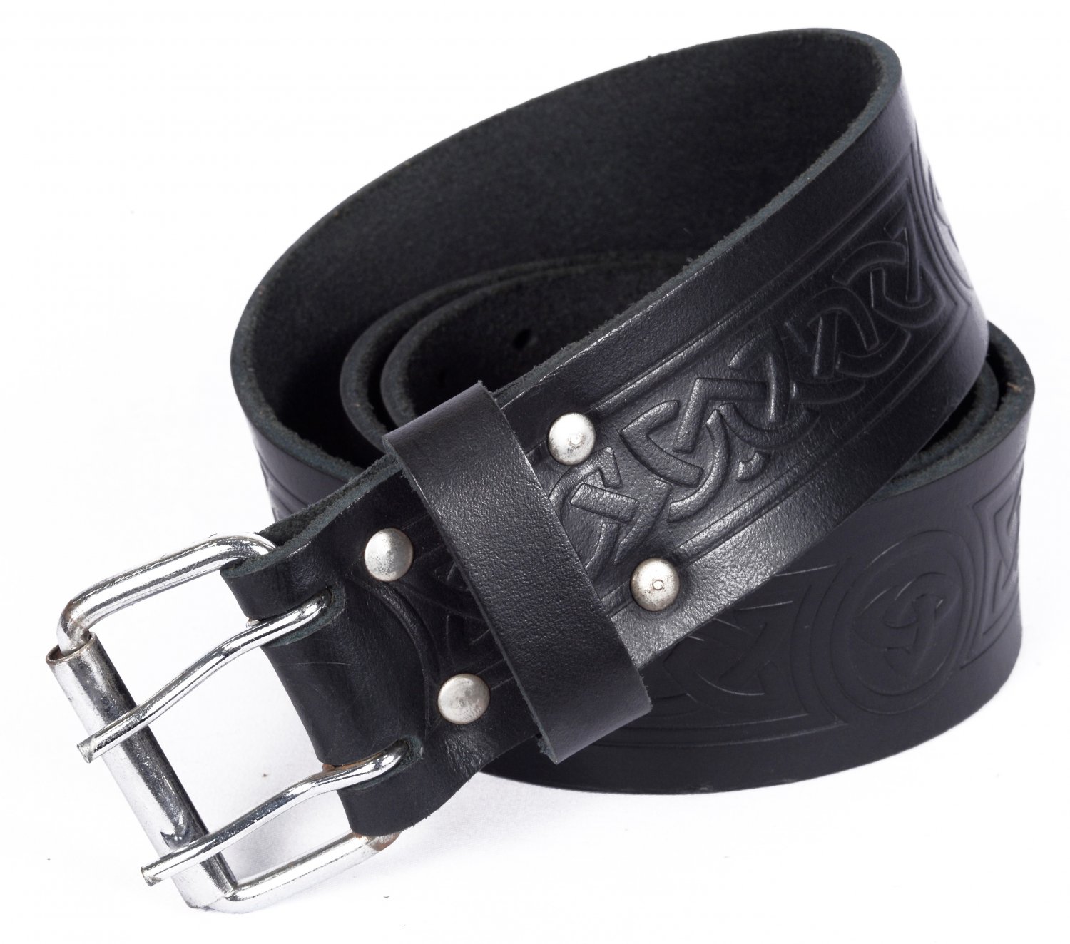 Leather Black KILT BELT Embossing Design Celtic Embossed Belt Double Prong Belt Size 46