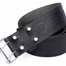 Leather Black KILT BELT Celtic Knot Design Celtic Embossed Belt Double Prong Belt Size 50