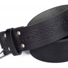 Leather Black KILT BELT Trinity Knot Design Celtic Embossed Belt Double Prong Belt Size 30