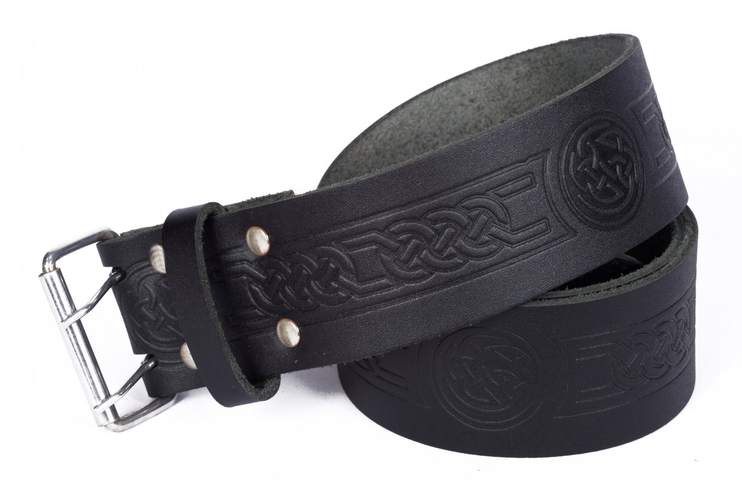 Leather Black KILT BELT Trinity Knot Design Celtic Embossed Belt Double