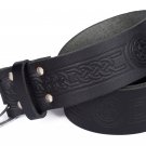 Leather Black KILT BELT Trinity Knot Design Celtic Embossed Belt Double Prong Belt Size 38
