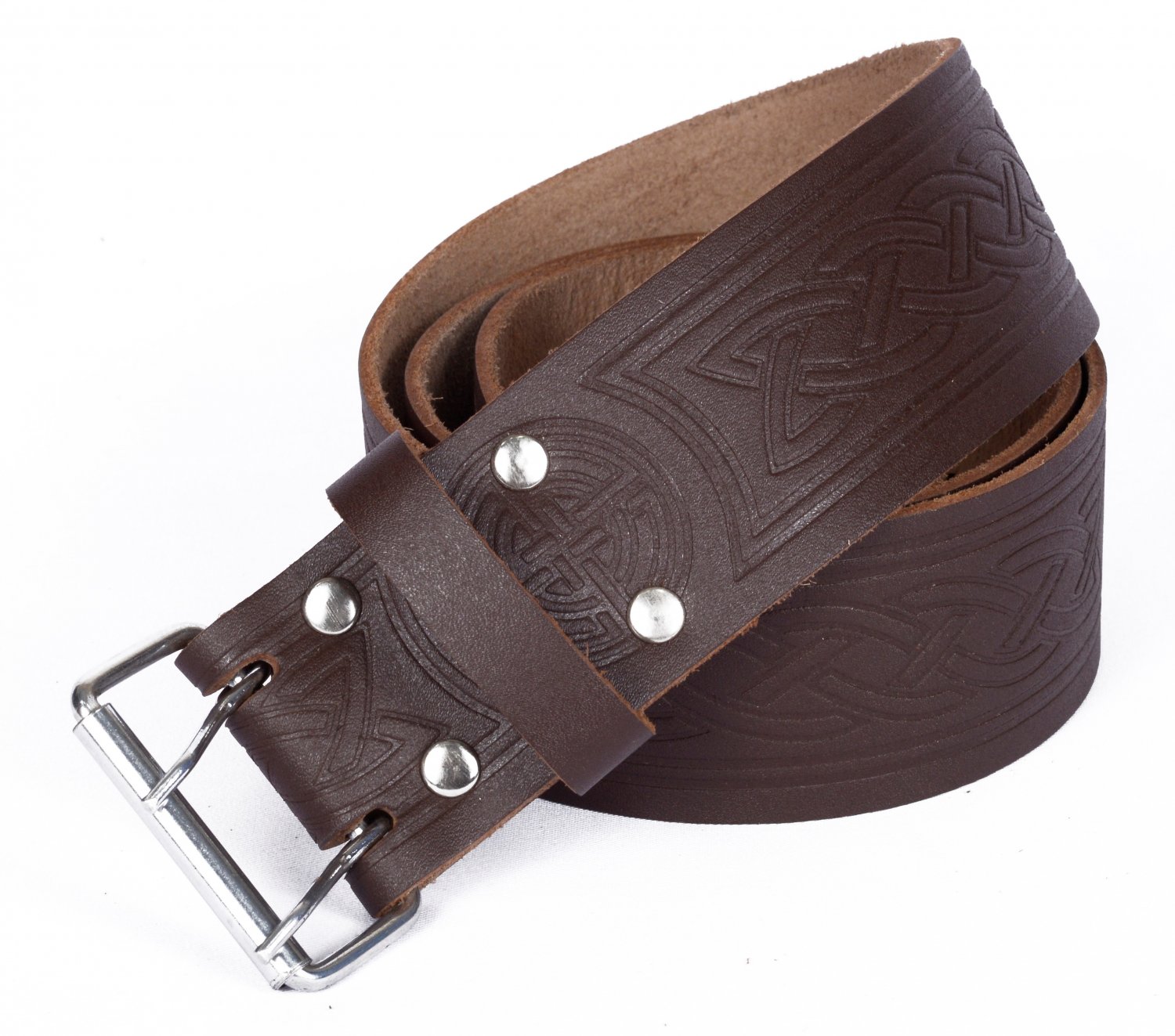 Leather Brown KILT BELT Trinity Knot Design Celtic Embossed Belt Double Prong Belt Size 50