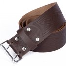 Leather Brown KILT BELT Trinity Knot Design Celtic Embossed Belt Double Prong Belt Size 50